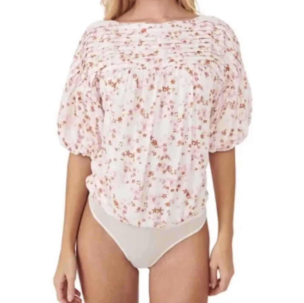 Free People Dessa Ivory Combo Thong Bodysuit Small Floral Print Boho Coquette